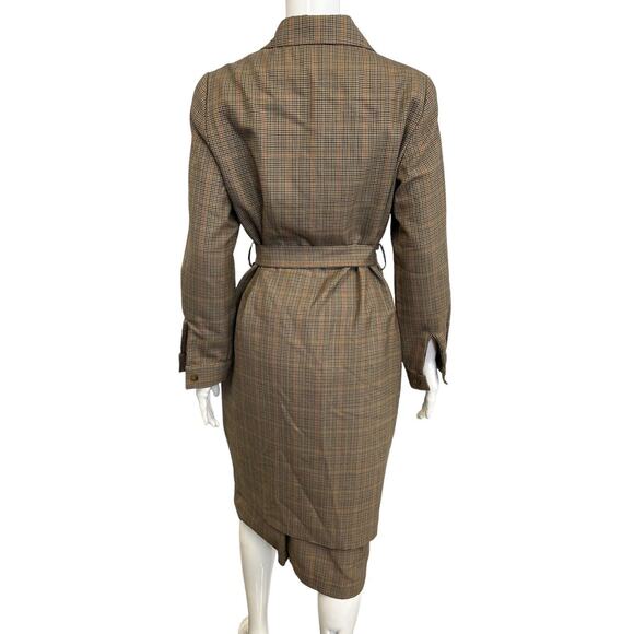 BILL BLASS Brown 100% Wool Vintage Plaid Belted Mid-Length Jacket Skirt Set 12 - Picture 2 of 5